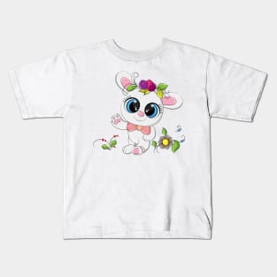 Cheerful bunny stands around flowers Kids T-Shirt